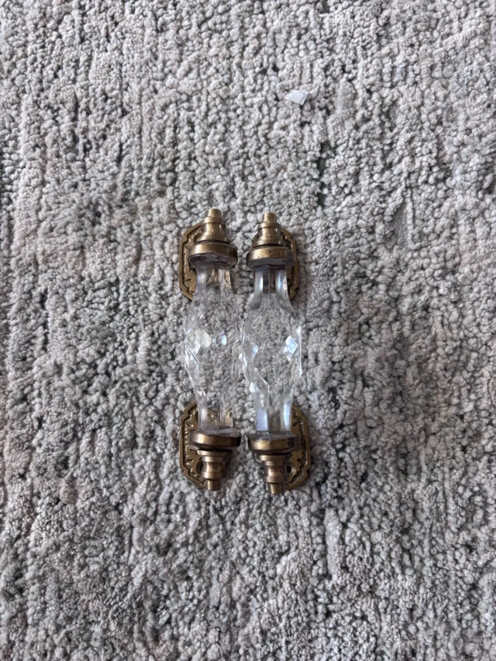 Antique Style 7'' Crystal Cut White Glass Brass Door Handle 2 Pc Collectible